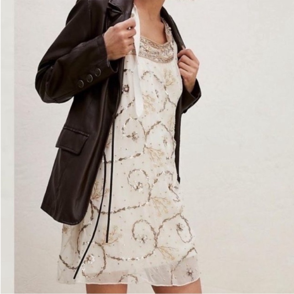 FP One Medium Dress Free People Party Dea Mini Dress cream and silver sequins